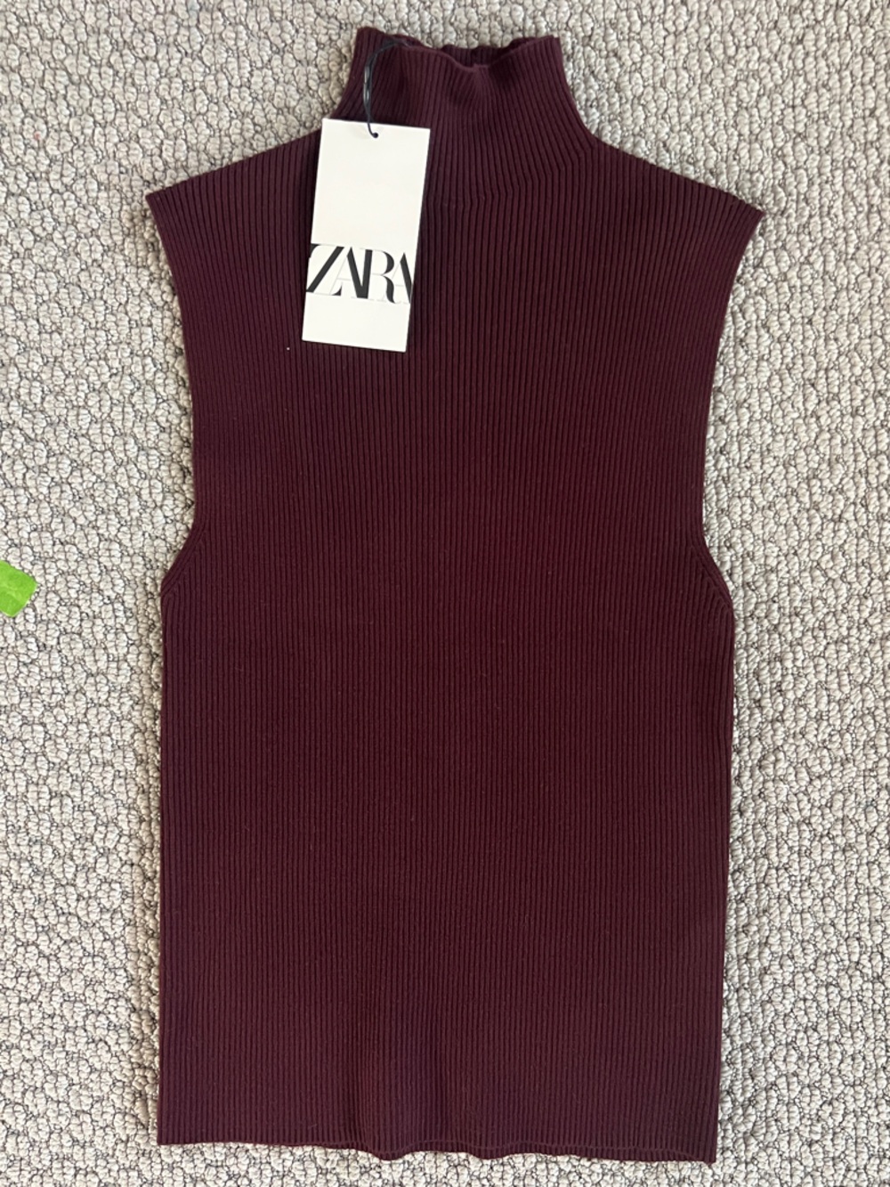 Zara Ribbed Tank Top with High Neckline, maroon burgundy, large